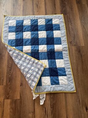 cloud island Blue Patchwork Baby crib blanket with Yellow Trim